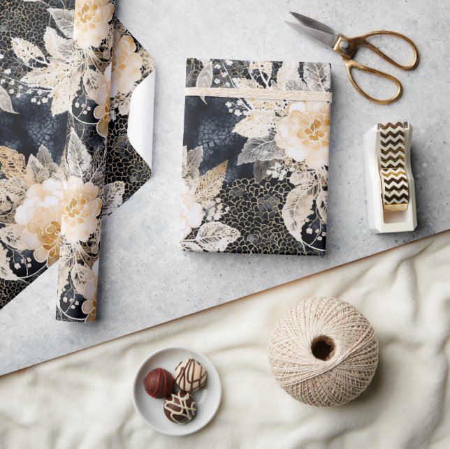 Wild Black Cream Leopard Animal Floral Wrapping Paper (Crafts)