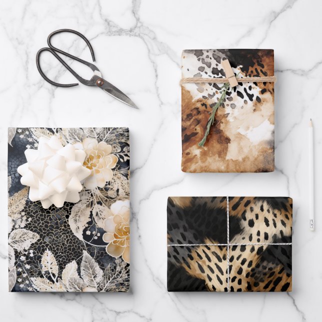 Wild Black Cream Leopard Animal Floral Wrapping Paper Sheets (Front)
