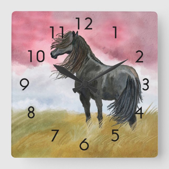 Wild Black Horse Mustang in Field Clock (Front)