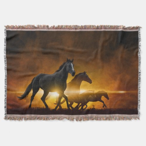 Wild Black Horses Woven Throw Blanket