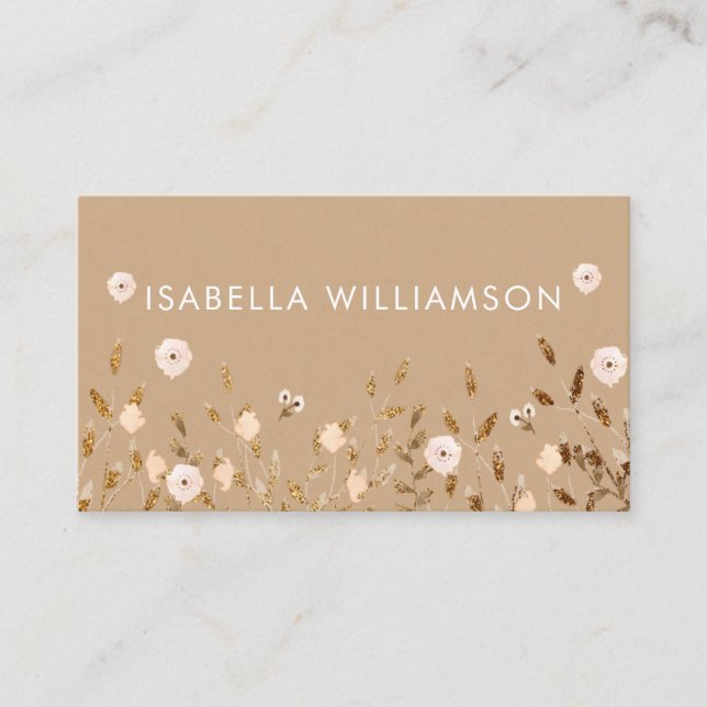 Wild Blossom | Gold Glitter Floral Elegant Kraft Business Card (Front)