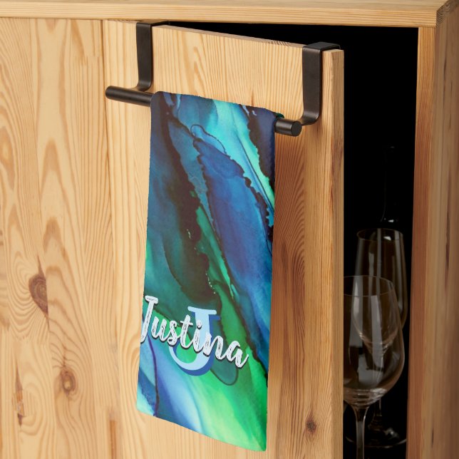Wild Blue Oceanscape Alcohol Ink Kitchen Towel (Thirds Fold)