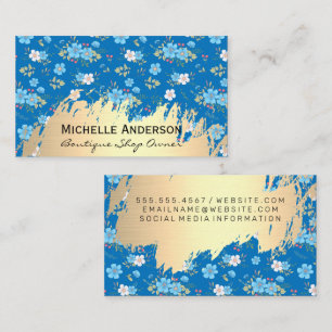 Wild Blue White Flowers Gold Metallic Brushed Business Card