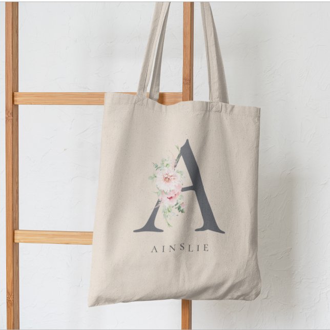 Wild Blush Botanical Floral Letter A Monogram Tote Bag (Creator Uploaded)