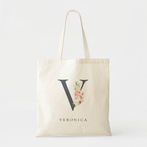 Wild Blush Botanical Floral Letter V Monogram Tote Bag