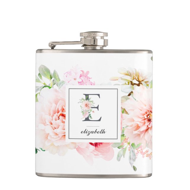 Wild Blush Botanical Letter E Monogram Flask (Front)