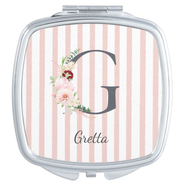 Wild Blush Botanical Letter G Monogram Pink Stripe Compact Mirror (Front)