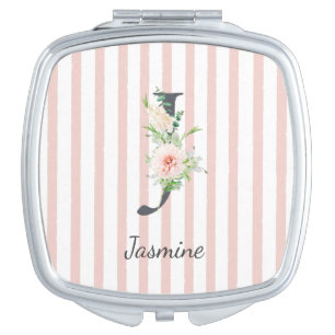 Wild Blush Botanical Letter J Monogram Pink Stripe Compact Mirror