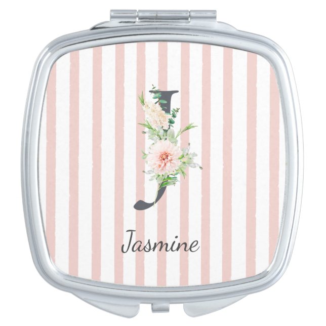 Wild Blush Botanical Letter J Monogram Pink Stripe Compact Mirror (Front)