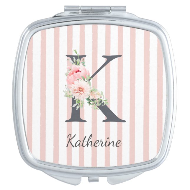 Wild Blush Botanical Letter K Monogram Pink Stripe Compact Mirror (Front)