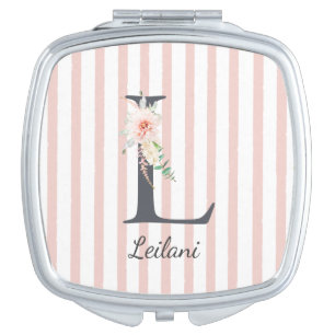 Wild Blush Botanical Letter L Monogram Pink Stripe Compact Mirror