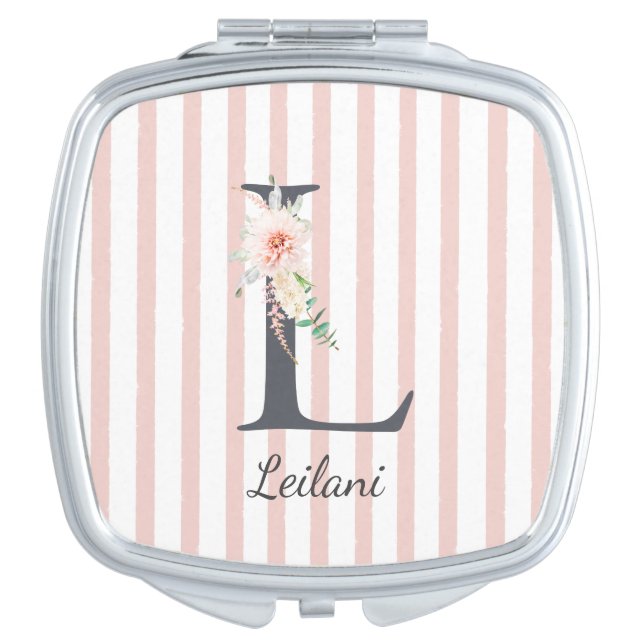 Wild Blush Botanical Letter L Monogram Pink Stripe Compact Mirror (Front)
