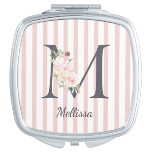 Wild Blush Botanical Letter M Monogram Pink Stripe Compact Mirror