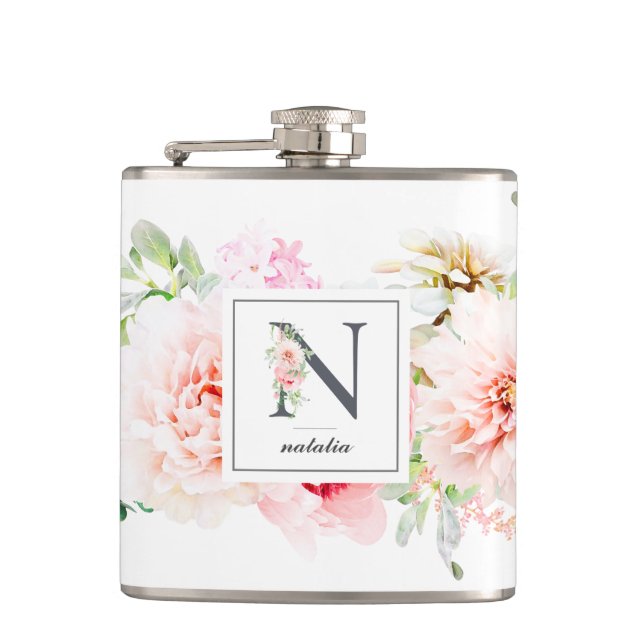Wild Blush Botanical Letter N Monogram Flask (Front)