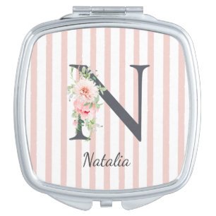 Wild Blush Botanical Letter N Monogram Pink Stripe Compact Mirror