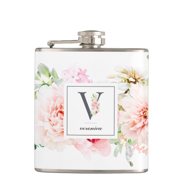 Wild Blush Botanical Letter V Monogram Flask (Front)