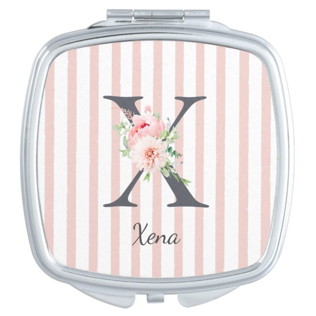 Wild Blush Botanical Letter X Monogram Pink Stripe Compact Mirror (Front)