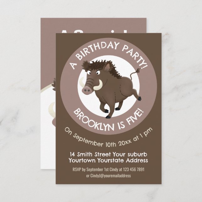 Wild boar cartoon personalized birthday invitation (Front/Back)