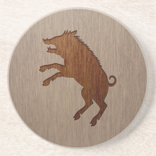 Wild boar engraved on wood design coaster