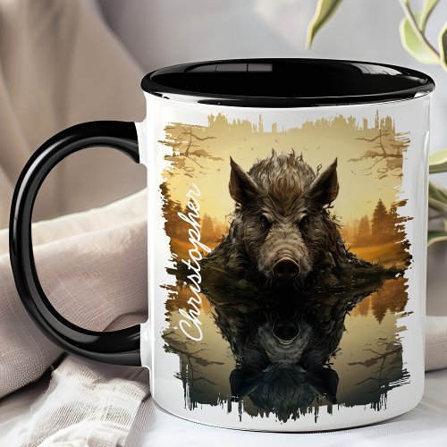 Wild Boar In Autumn Lake Reflection Mug