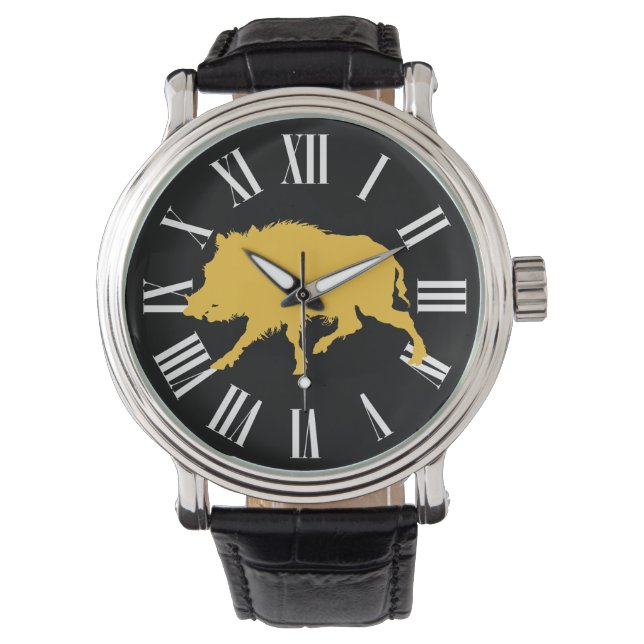 Wild Boar in Black Silhouette Hunting Man's Watch (Front)