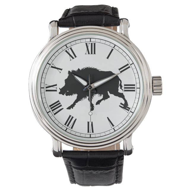 Wild Boar in Black Silhouette Hunting Man's Watch (Front)