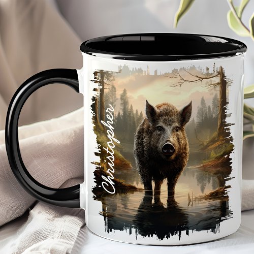 Wild Boar In Misty Forest Lake Mug