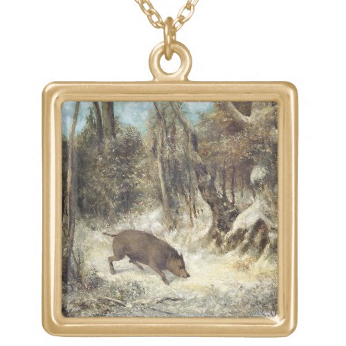Wild Boar in the Snow signed as Courbet fake Gold Plated Necklace