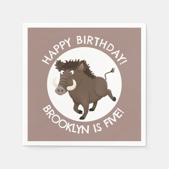 Wild boar razorback personalised cartoon birthday napkins (Front)