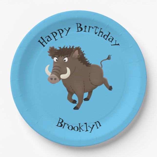 Wild boar razorback personalised cartoon birthday paper plates (Front)
