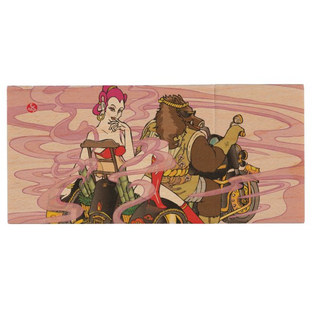 Wild boar Trike riders イノトライク Wood USB Flash Drive (Front)