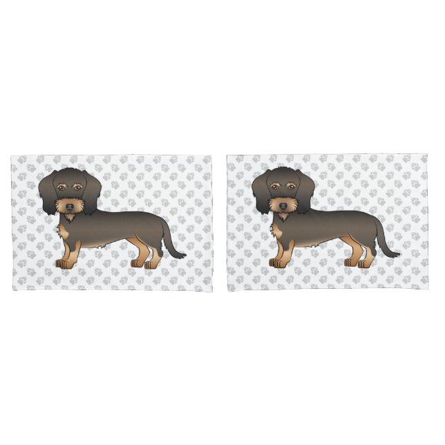 Wild Boar Wire Haired Dachshund Cartoon Dog & Paws Pillow Case (Front-Set)