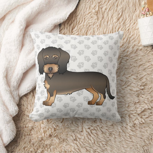 Wild Boar Wire Haired Dachshund Cartoon Dog & Paws Throw Pillow (Blanket)