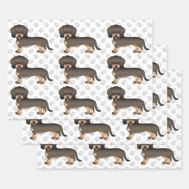 Wild Boar Wire Haired Dachshund Dog Pattern & Paws Wrapping Paper Sheets (Set)