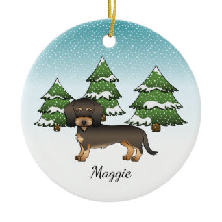 Wild Boar Wire Haired Dachshund Dog Winter Forest Ceramic Ornament