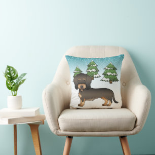 Wild Boar Wire Haired Dachshund Dog Winter Forest Throw Pillow