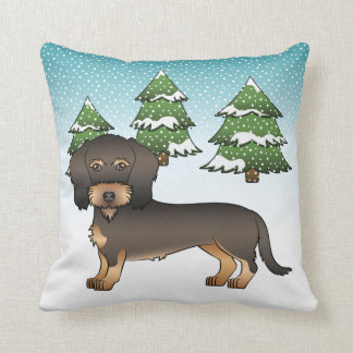 Wild Boar Wire Haired Dachshund Dog Winter Forest Throw Pillow