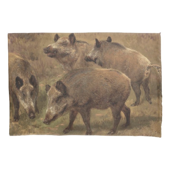 Wild Boars in a Grassy Landscape (by Rosa Bonheur) Pillow Case (Front-Left)