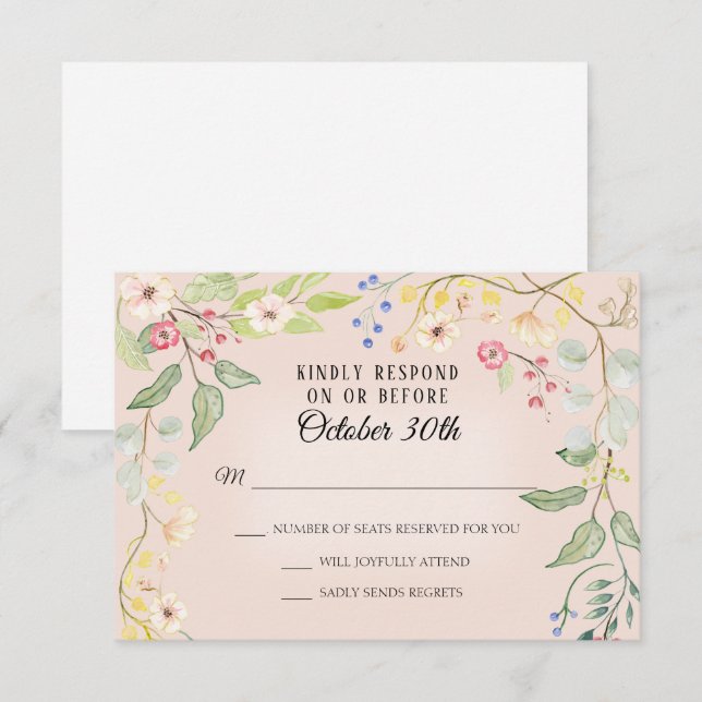 Wild Bohemian Blush Pink Peach Watercolor RSVP Invitation (Front/Back)