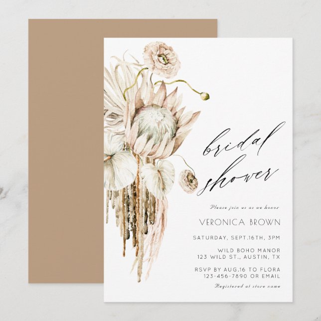 Wild Boho Protea Pampas Grass Floral Bridal Shower Invitation (Front/Back)