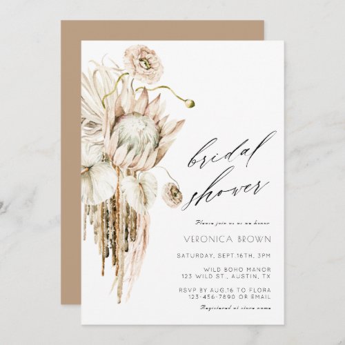 Wild Boho Protea Pampas Grass Floral Bridal Shower Invitation
