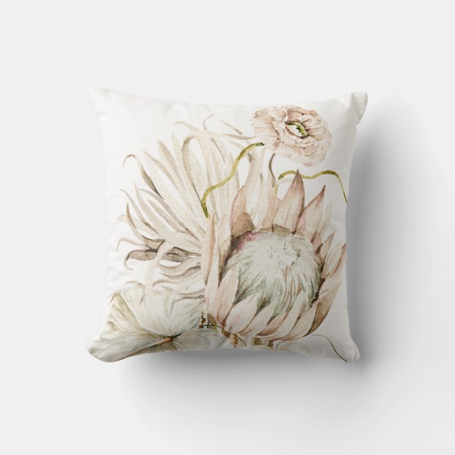 Wild Boho Protea Pampas Grass Floral Throw Pillow (Front)