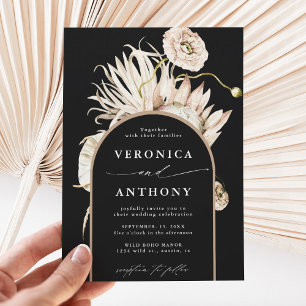 Wild Boho Protea Pampas Grass Floral Wedding Black Invitation