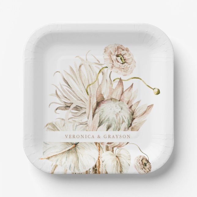 Wild Boho Protea Pampas Grass Floral Wedding Paper Plates (Front)
