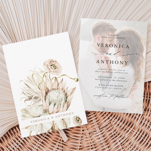 Wild Boho Protea Pampas Grass Floral Wedding Photo Invitation