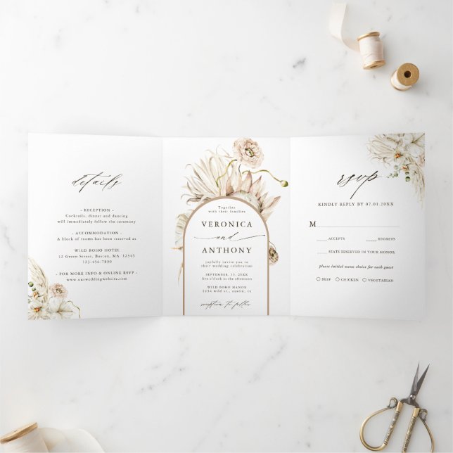 Wild Boho Protea Pampas Grass Floral Wedding  Tri-Fold Invitation (Inside)