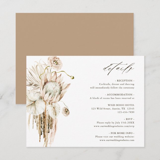 Wild Boho Protea Pampas Grass Wedding Details Enclosure Card (Front/Back)