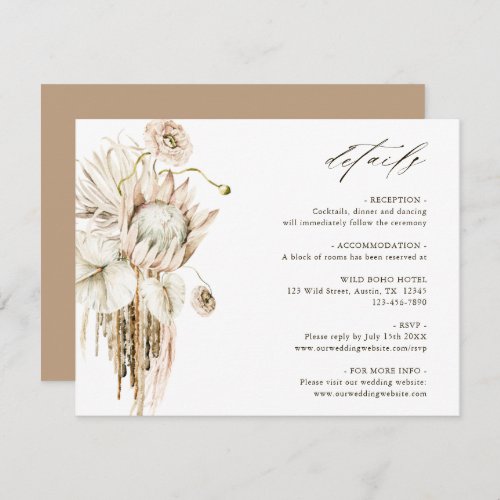 Wild Boho Protea Pampas Grass Wedding Details Enclosure Card