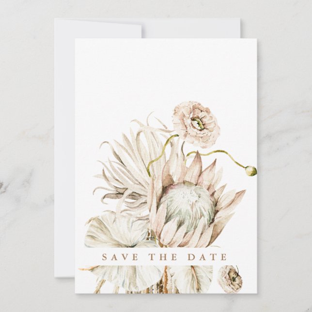 Wild Boho Protea Pampas Grass Wedding Faded Photo Save The Date (Front)