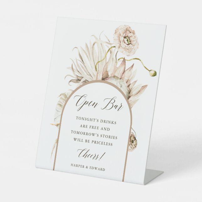 Wild Boho Protea Pampas Grass Wedding Open Bar Pedestal Sign (Front)